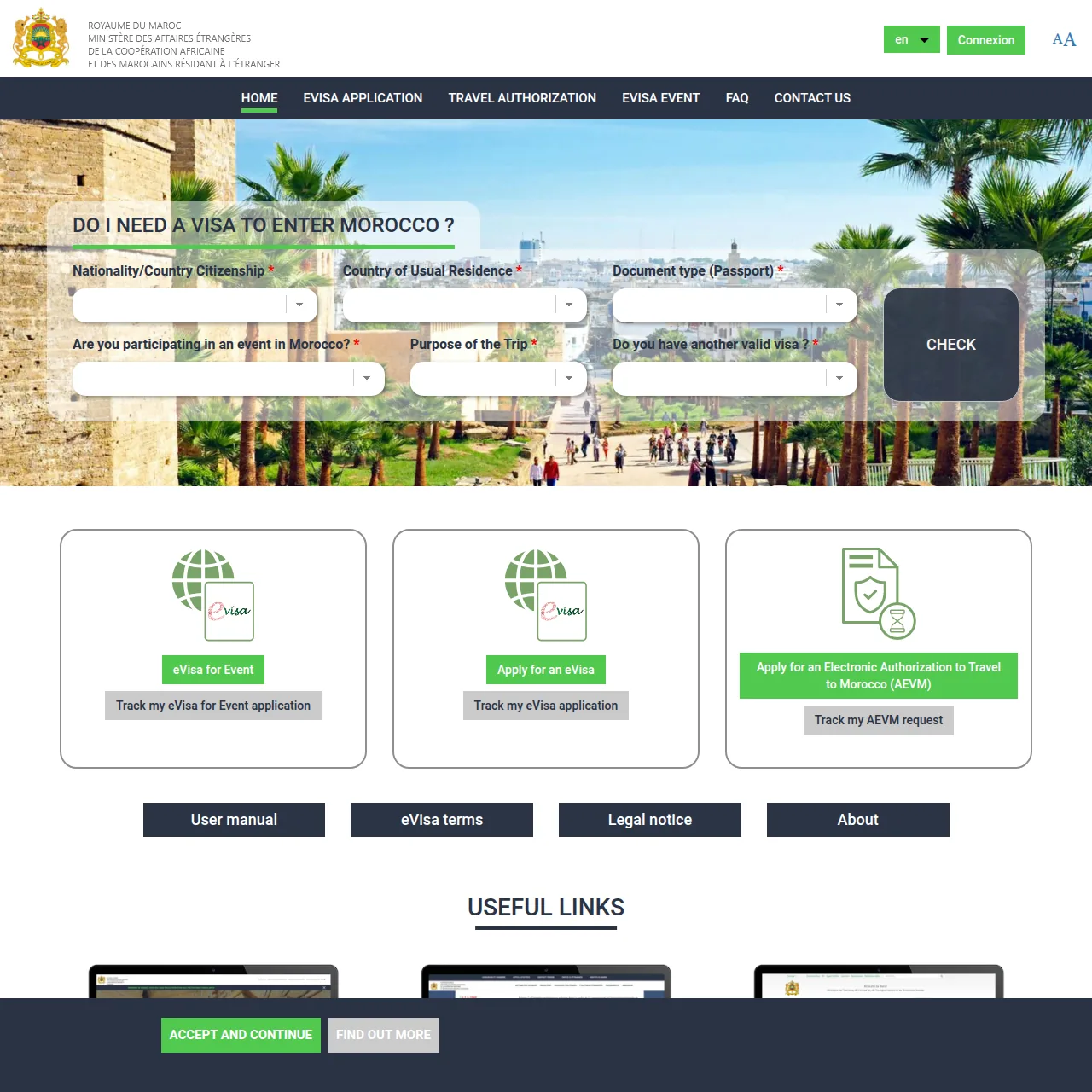 لقطة شاشة لبوابة Accès Maroc في المغرب — التأشيرة الإلكترونية وتراخيص الدخول