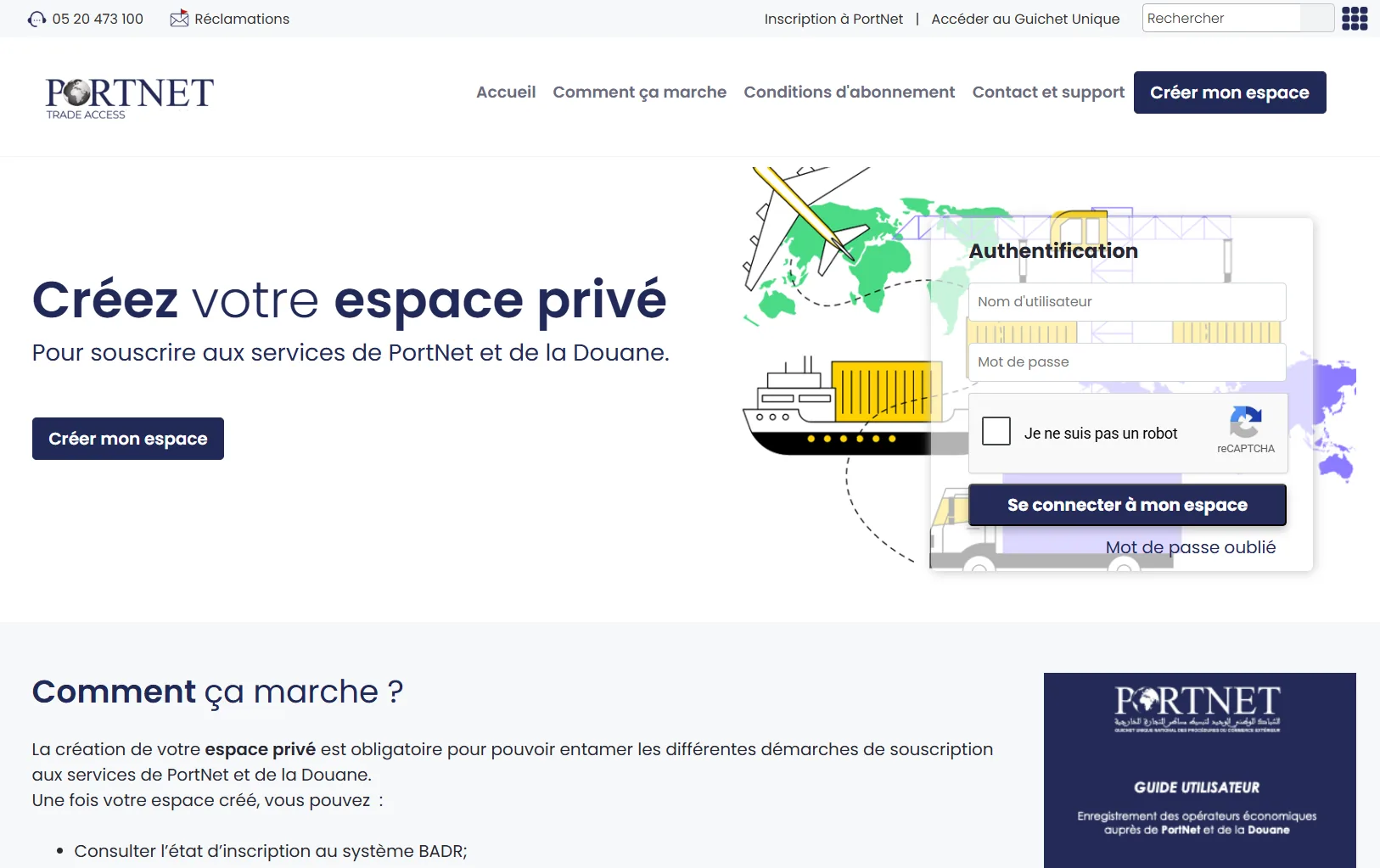 Capture d’écran du portail Souscription PortNet au Maroc — Inscription opérateurs