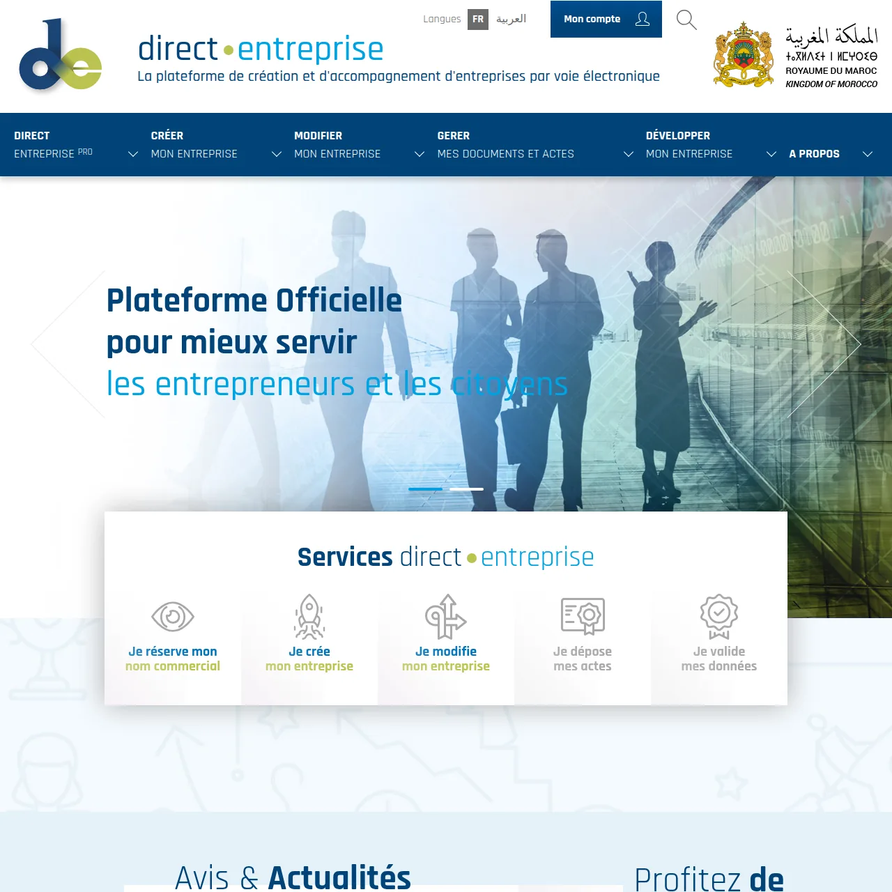Capture d’écran du portail DirectEntreprise au Maroc — Création d’entreprise en ligne