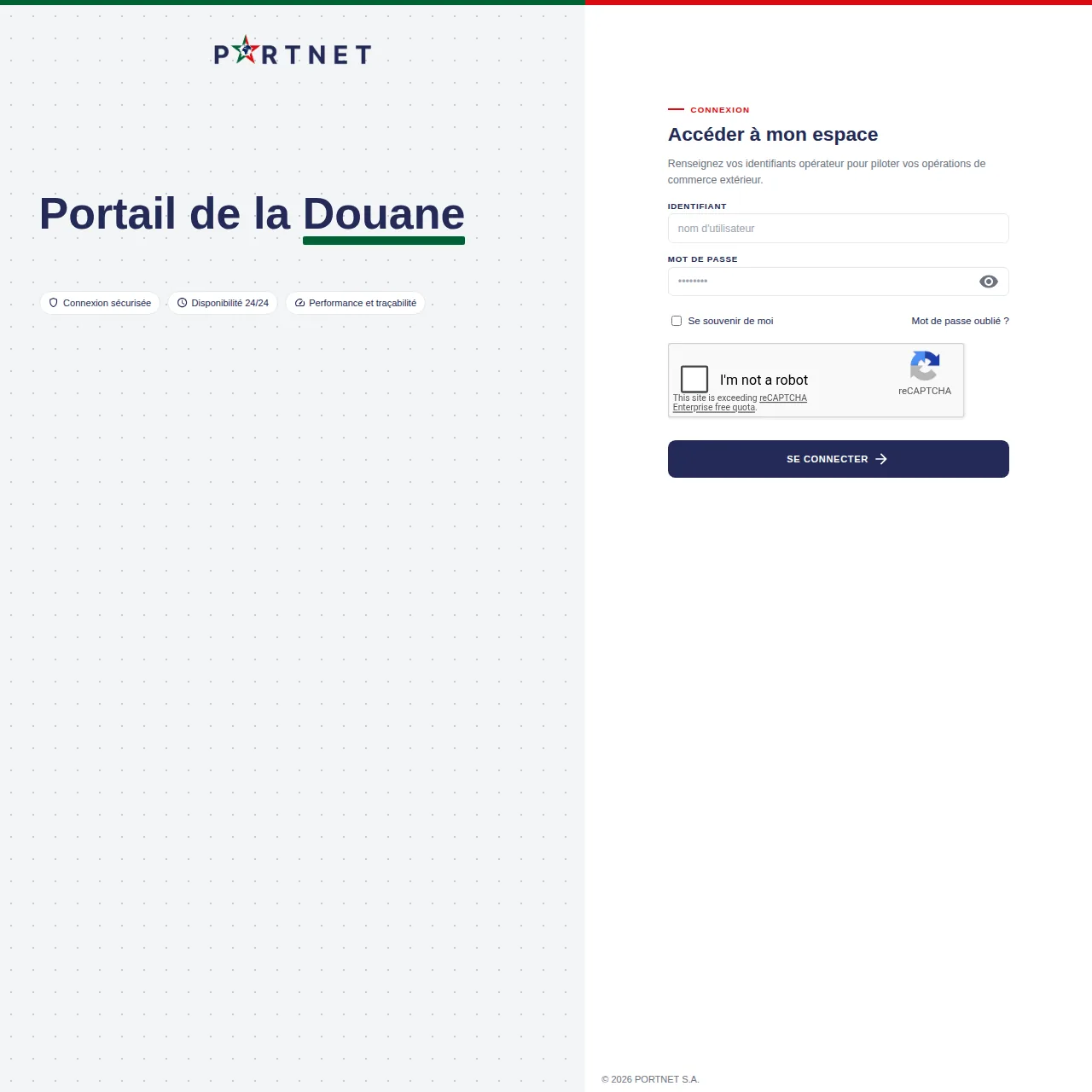 Screenshot des Portals Zoll über PortNet in Marokko