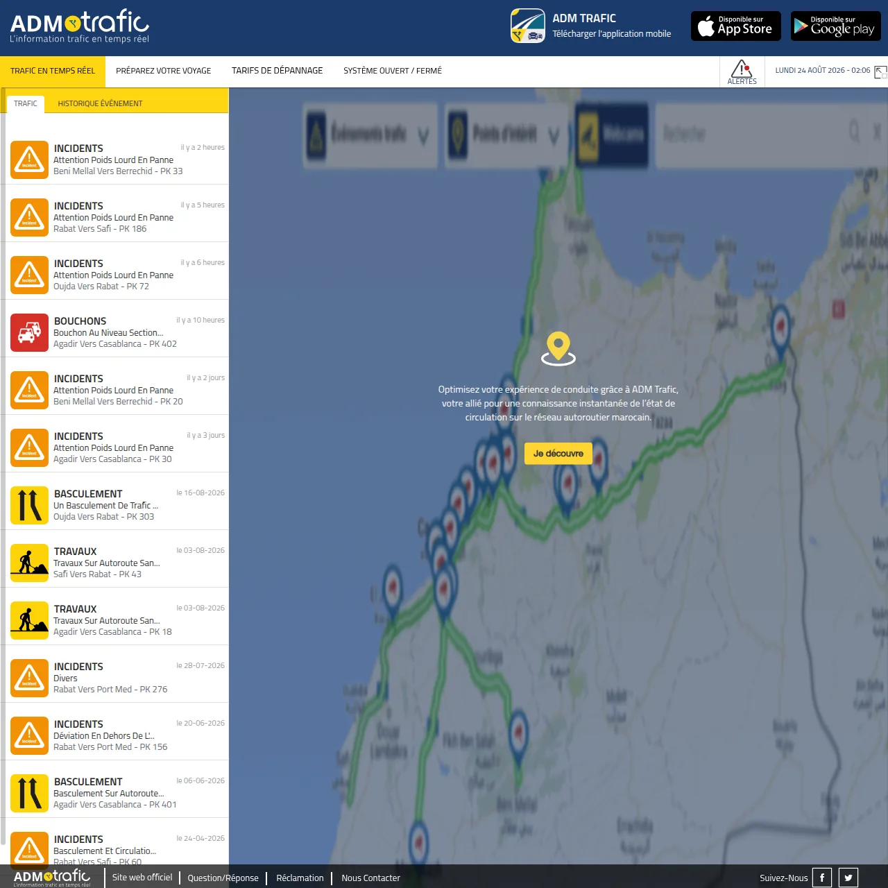 Screenshot des Portals ADM Trafic in Marokko — Zustand des Autobahnverkehrs