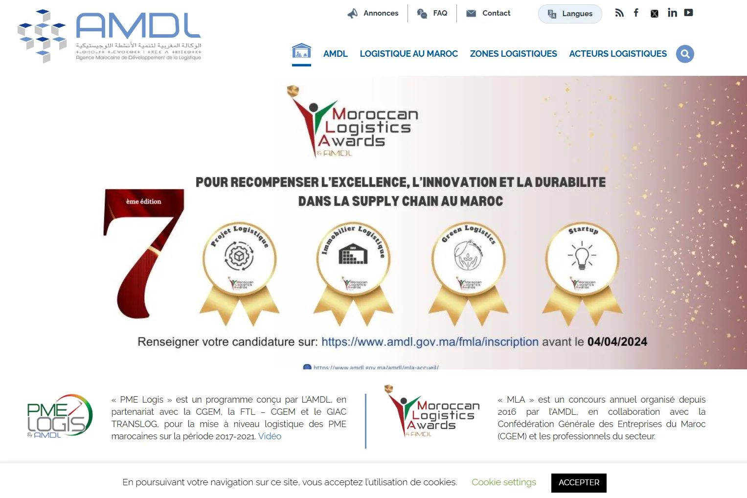 Screenshot des AMDL-Portals in Marokko — Logistikdienste und -informationen