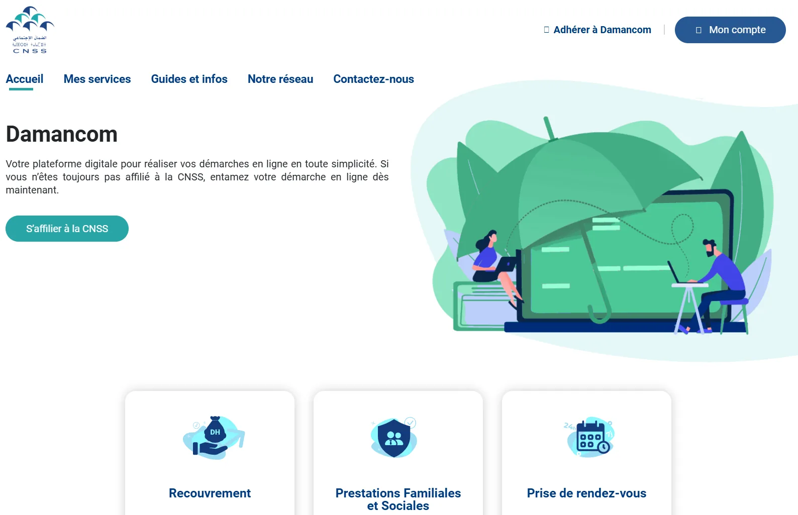 Screenshot des Damancom-Portals in Marokko — CNSS-Arbeitgeberportal