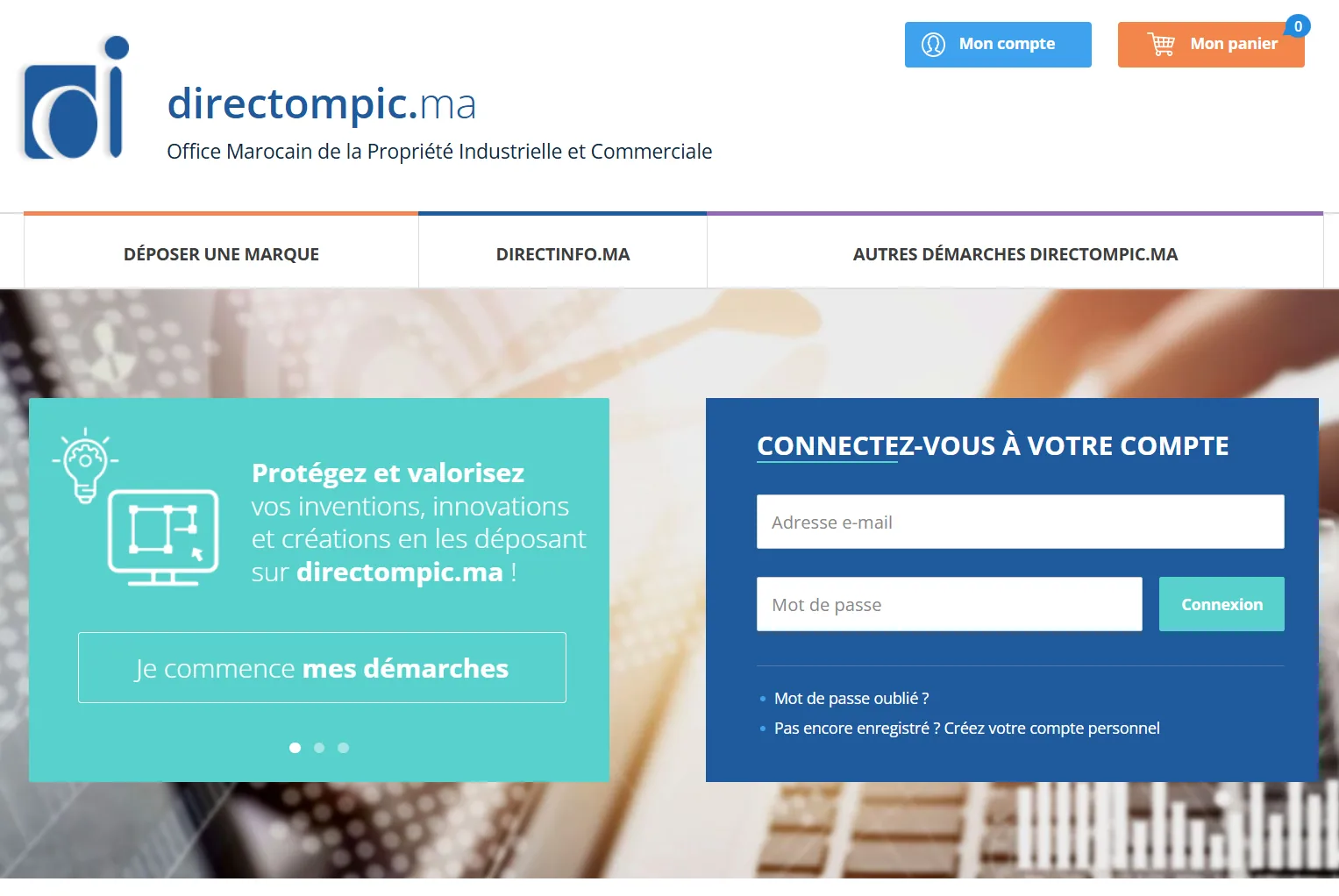 Screenshot of the DirectOMPIC portal in Morocco — Trademark filing and management
