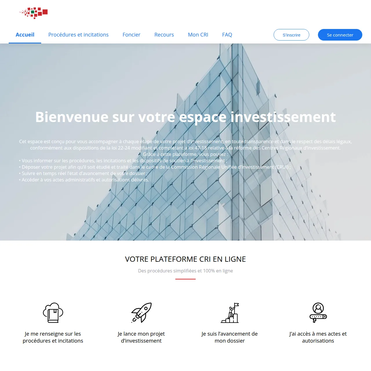 Screenshot of the CRI Invest portal in Morocco — Investment and online procedures