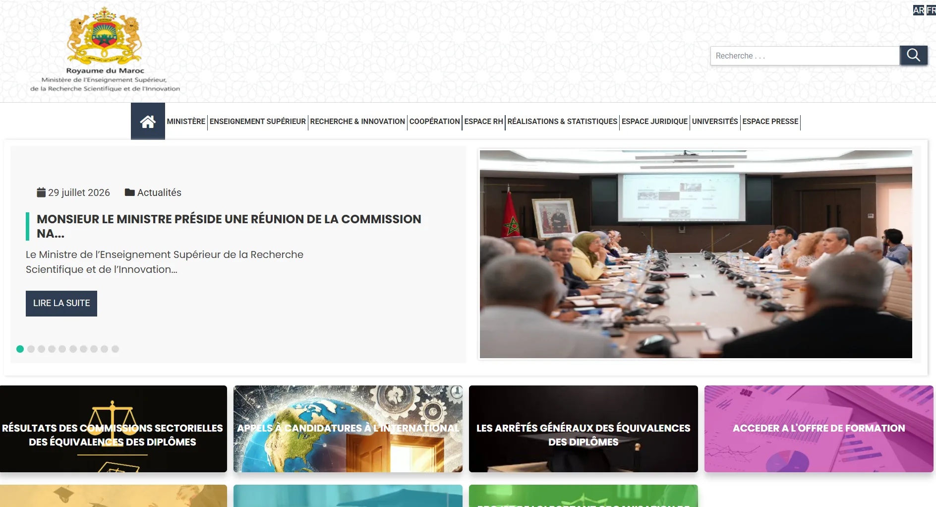 Screenshot del portale Bourses internationales in Marocco — Istruzione superiore